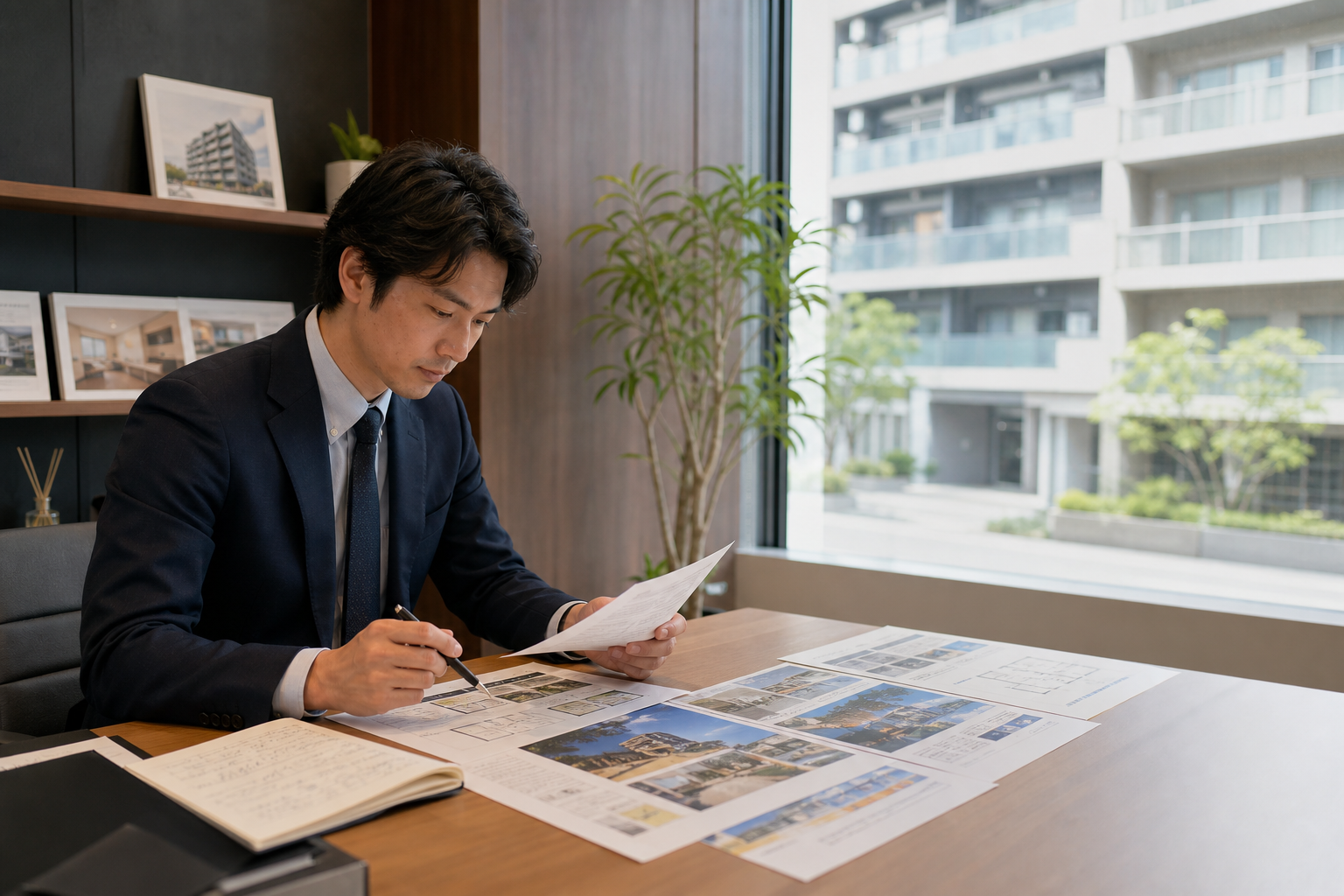 地域の不動産会社で物件資料を確認する担当者