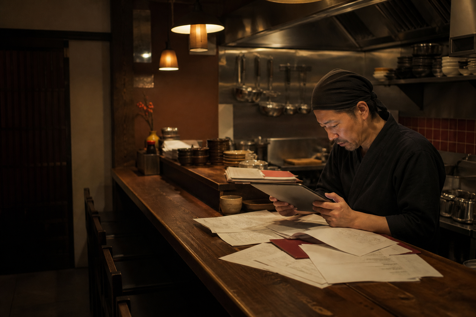 営業後の飲食店で仕入れと売上資料を確認する店主