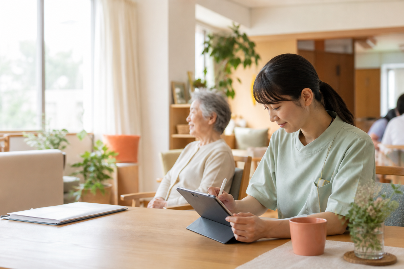 介護施設で利用者を見守りながら記録を入力するスタッフ