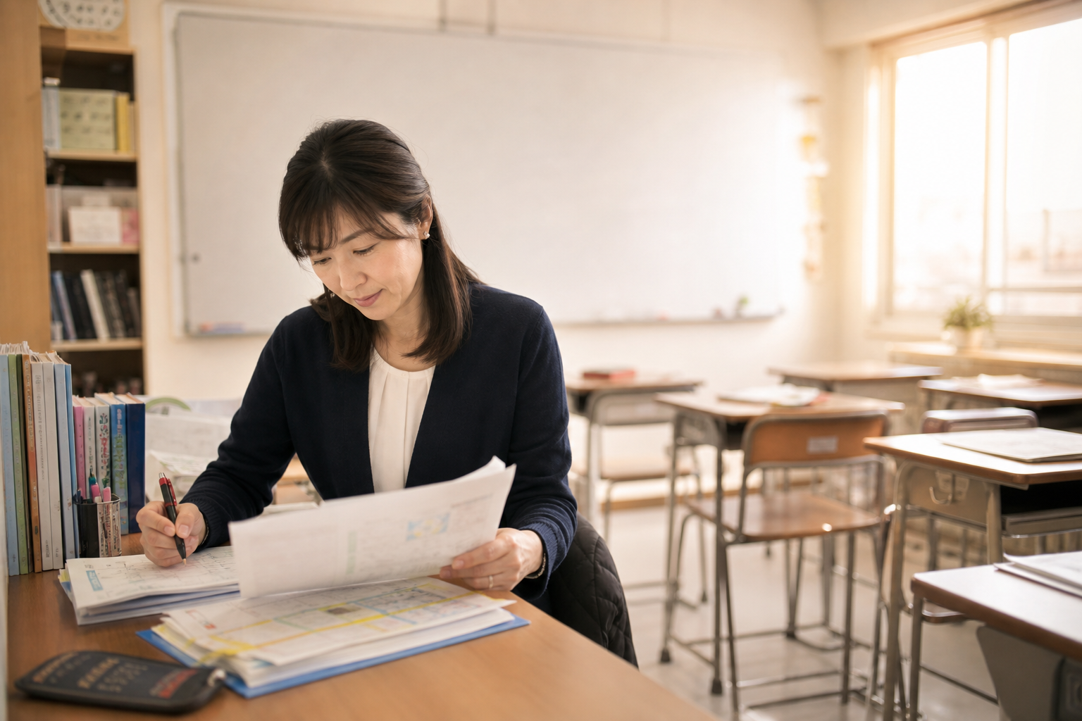 放課後の教室で教材と保護者連絡を準備する講師