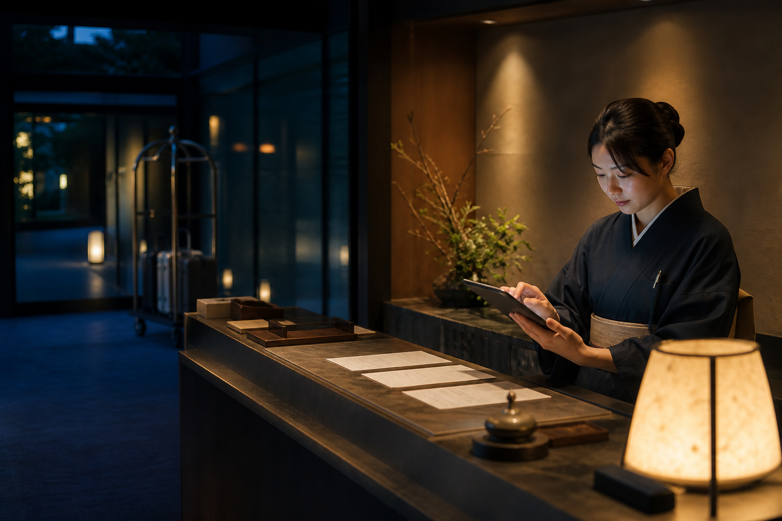 夜のホテルフロントで予約連絡を確認するスタッフ